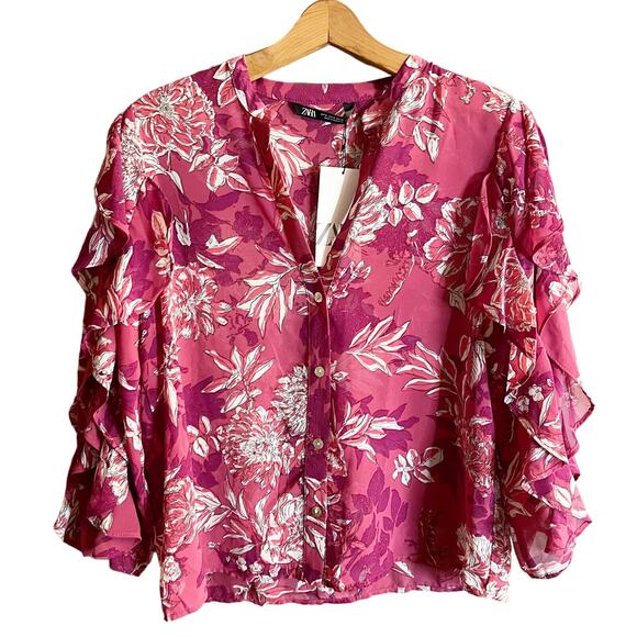 ZARA Printed Top Ruffles Floral Pink 3/4 Sleeves Button Down Chiffon Medium NWT - Picture 10 of 14